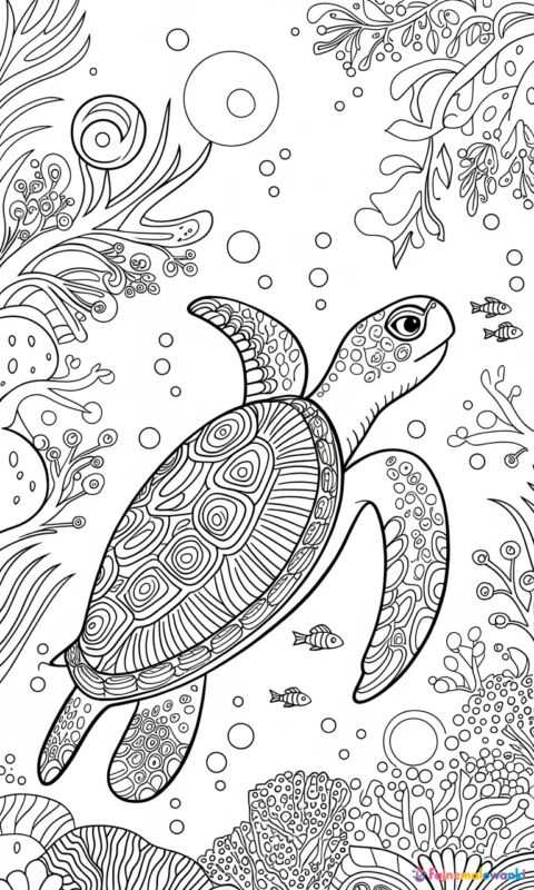 kolorowanka morski żółw wśród wodorostów i koralowców