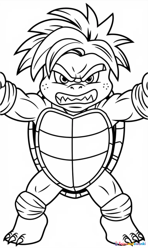 kolorowanka dla dzieci przedstawiająca groźnego żółwia z kolczastą skorupą w pozycji bojowej do pokolorowania - kolorowanki mario