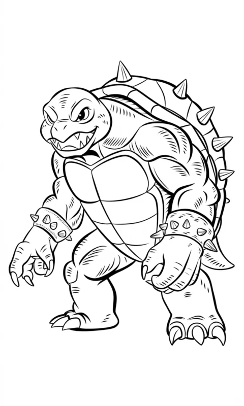 kolorowanka dla dzieci przedstawiająca groźnego żółwia z kolczastą skorupą do pokolorowania