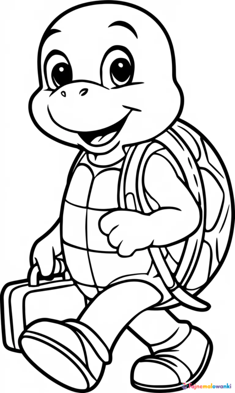 kolorowanka dla dzieci przedstawiająca wesołego żółwia z plecakiem
