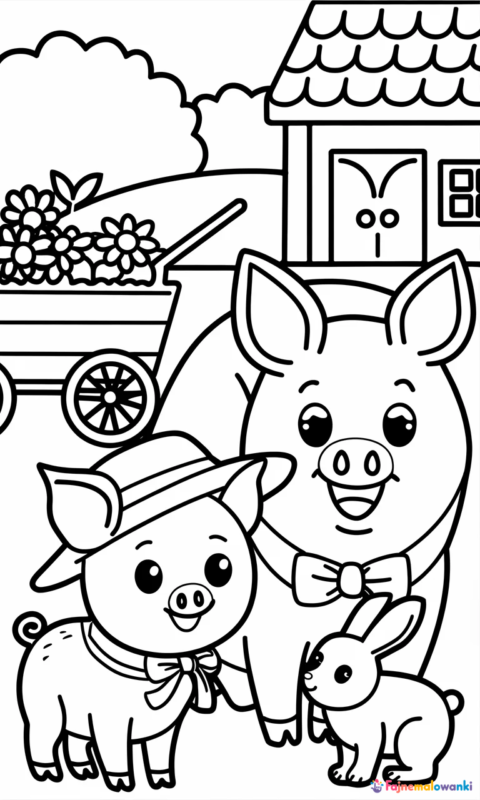 kolorowanka dla dzieci przedstawiająca wesołe zwierzątka na farmie - świnka