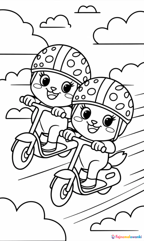 Kolorowanka dla dzieci przedstawiająca wesołe zwierzątka na hulajnogach pływające wśród chmur - kolorowanki świnka peppa