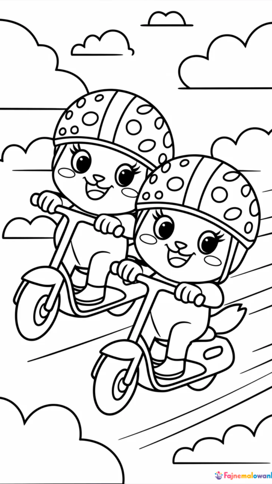 Kolorowanka: Peppa i George na hulajnogach w parku