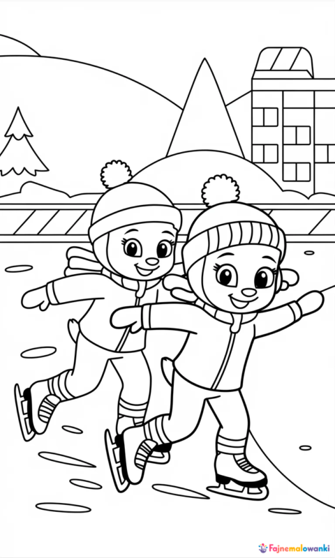 Kolorowanka dla dzieci przedstawiająca dwa wesołe zwierzątka na lodowisku w zimowych czapkach i łyżwach - kolorowanki świnka peppa