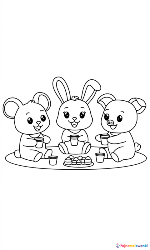 kolorowanka dla dzieci przedstawiająca przyjacielski piknik zwierzątek - myszki