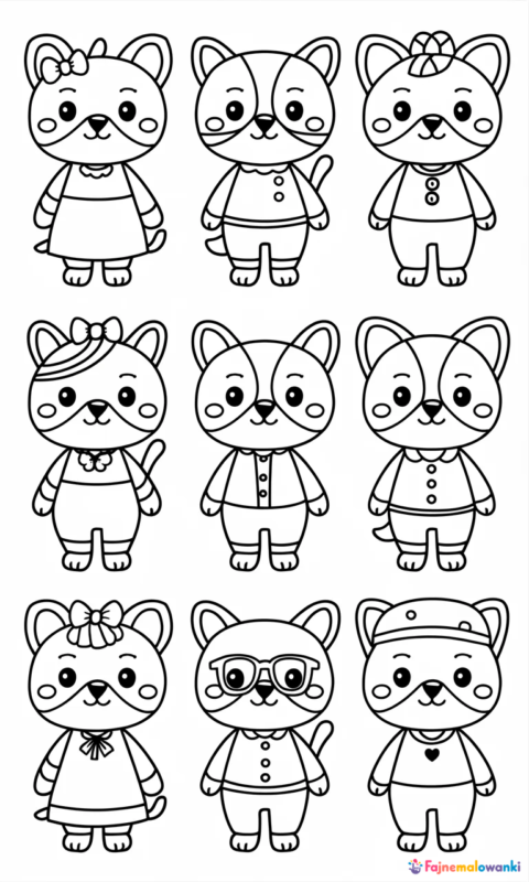 kolorowanka dla dzieci z uroczymi zwierzątkami w prostym stylu rysunkowym do pokolorowania