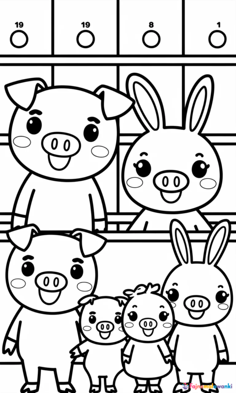 Kolorowanka dla dzieci ze zwierzątkami - rodzinka świnek i króliczek