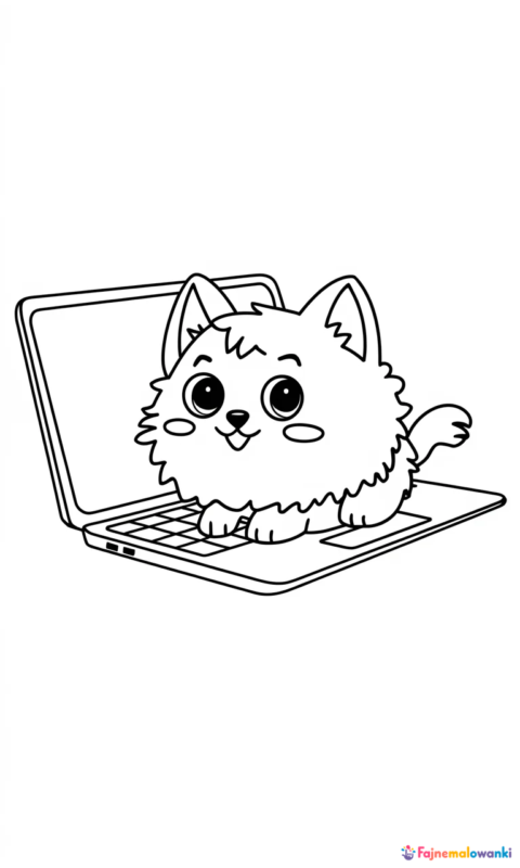 kolorowanka dla dzieci przedstawiająca puszystego zwierzaka siedzącego na laptopie