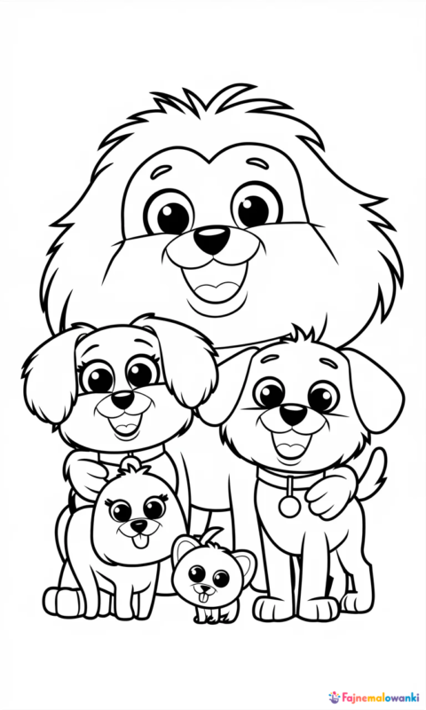 kolorowanka dla dzieci przedstawiająca cztery urocze zwierzątka domowe w różnych rozmiarach do pokolorowania - kolorowanki sekretne życie zwierzaków domowych