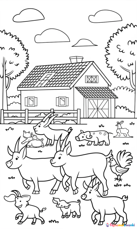 kolorowanka dla dzieci przedstawiająca zwierzęta gospodarskie na farmie
