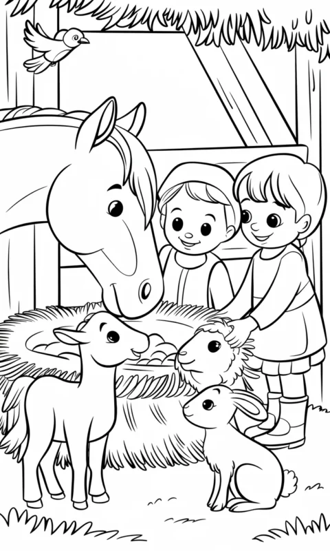 kolorowanka dla dzieci przedstawiająca dzieci karmiące zwierzęta na farmie