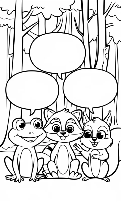 kolorowanka dla dzieci przedstawiająca trzech leśnych przyjaciół - żabę