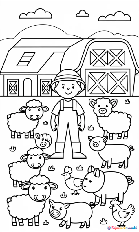 kolorowanka dla dzieci przedstawiająca wesołe życie na farmie ze zwierzętami i stodołą do pokolorowania - kolorowanki farma i wieś