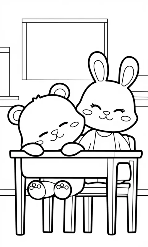 kolorowanka dla dzieci przedstawiająca zabawne zwierzątka w szkole - śpiącego misia i czujnego króliczka przy szkolnych ławkach - kolorowanki garten of banban